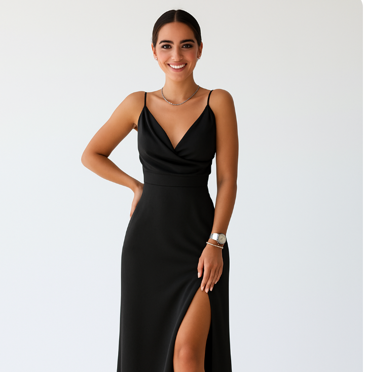 Luxuriöses Satinkleid lang – Abendkleid Damen mit Beinschlitz