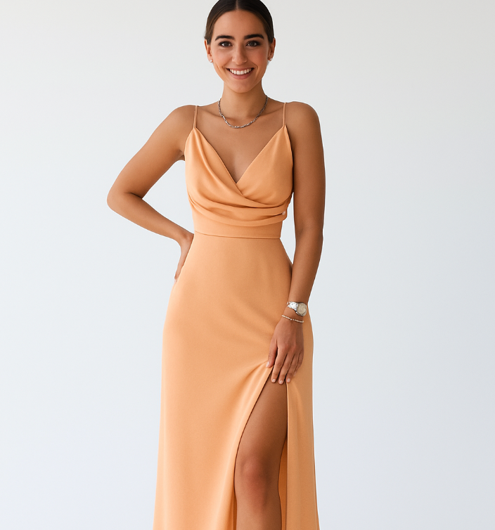 Luxuriöses Satinkleid lang – Abendkleid Damen mit Beinschlitz