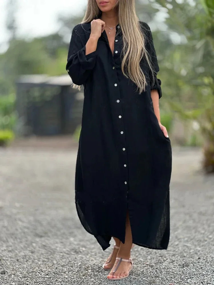 Ruth - Vielseitiges langärmeliges Maxikleid mit Knopfleiste