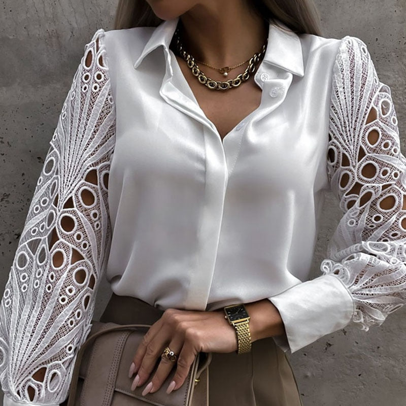Olivia Elegante Langarm-Netzbluse mit Knöpfen