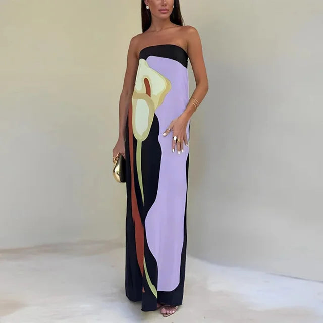 Sussane - Stilvolle abstrakte Calla-Lilien-Muster lange Kleid