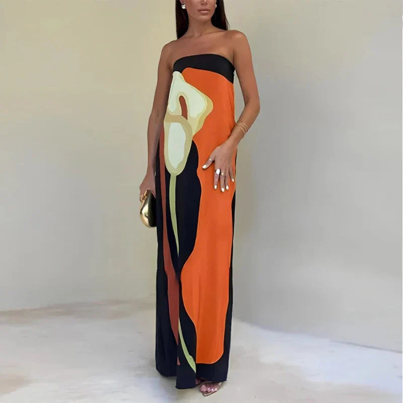 Sussane - Stilvolle abstrakte Calla-Lilien-Muster lange Kleid
