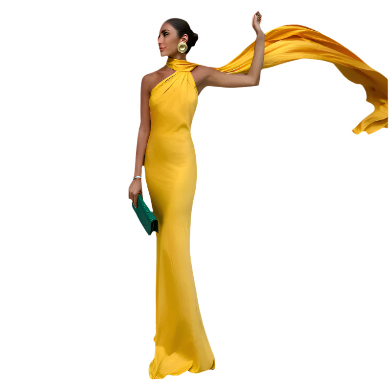 Elégance Nocturne – Elegantes Abendkleid mit Bindeschnitt und offenem Rücken