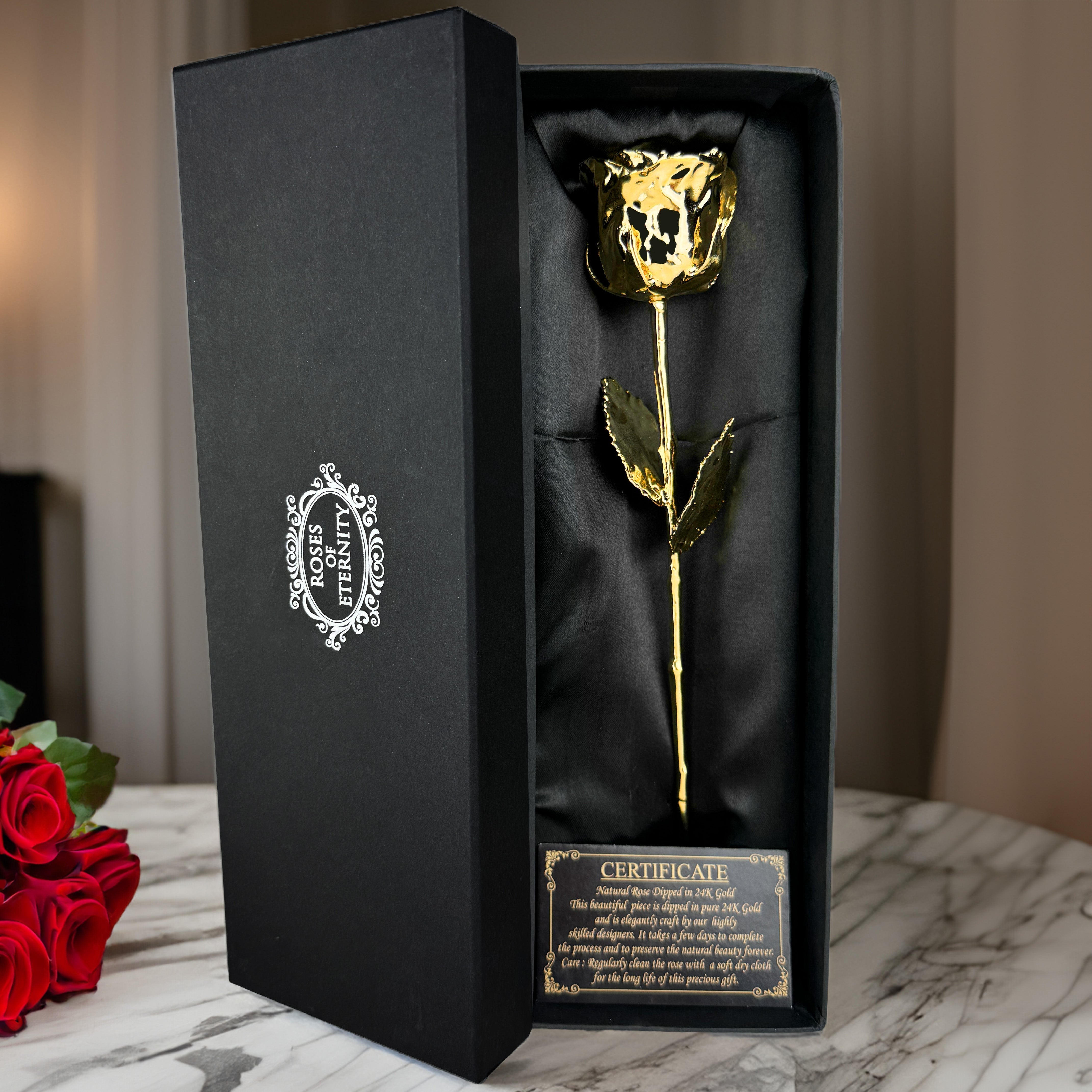 EternaGold Rose – Echtes Rosenblatt mit 24K Gold überzogen für ein zeitloses Liebessymbol