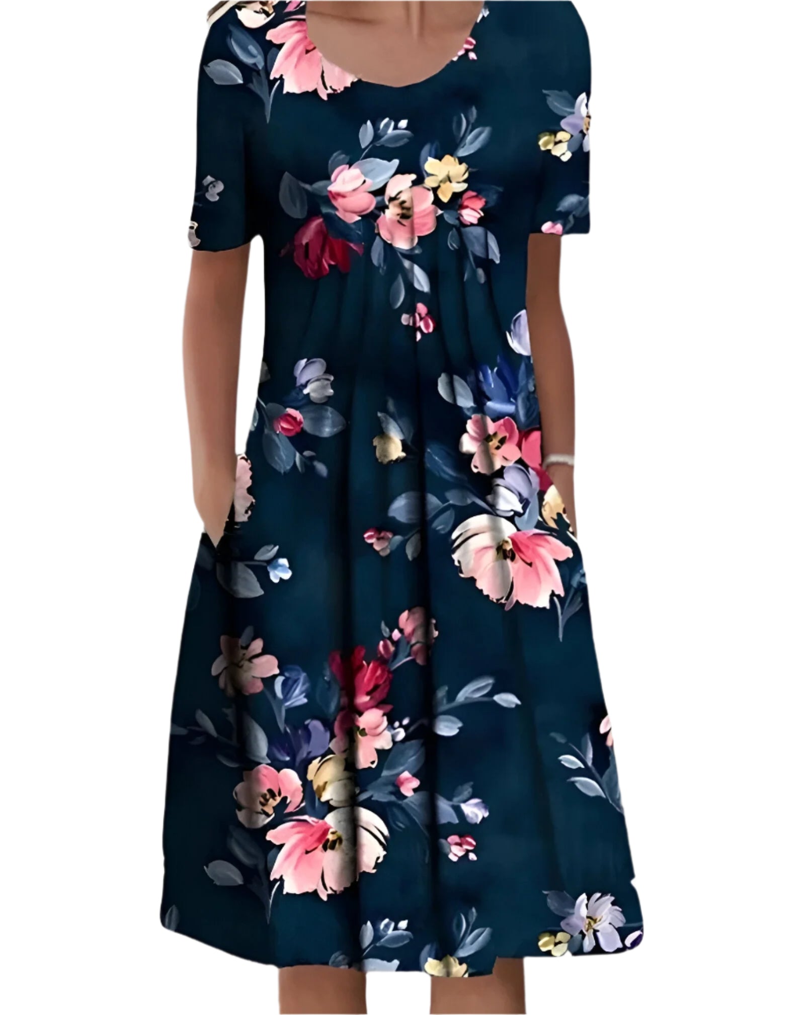 Margareth - Midi-Kleid für Frauen mit Blumen- und einfarbigen Mustern