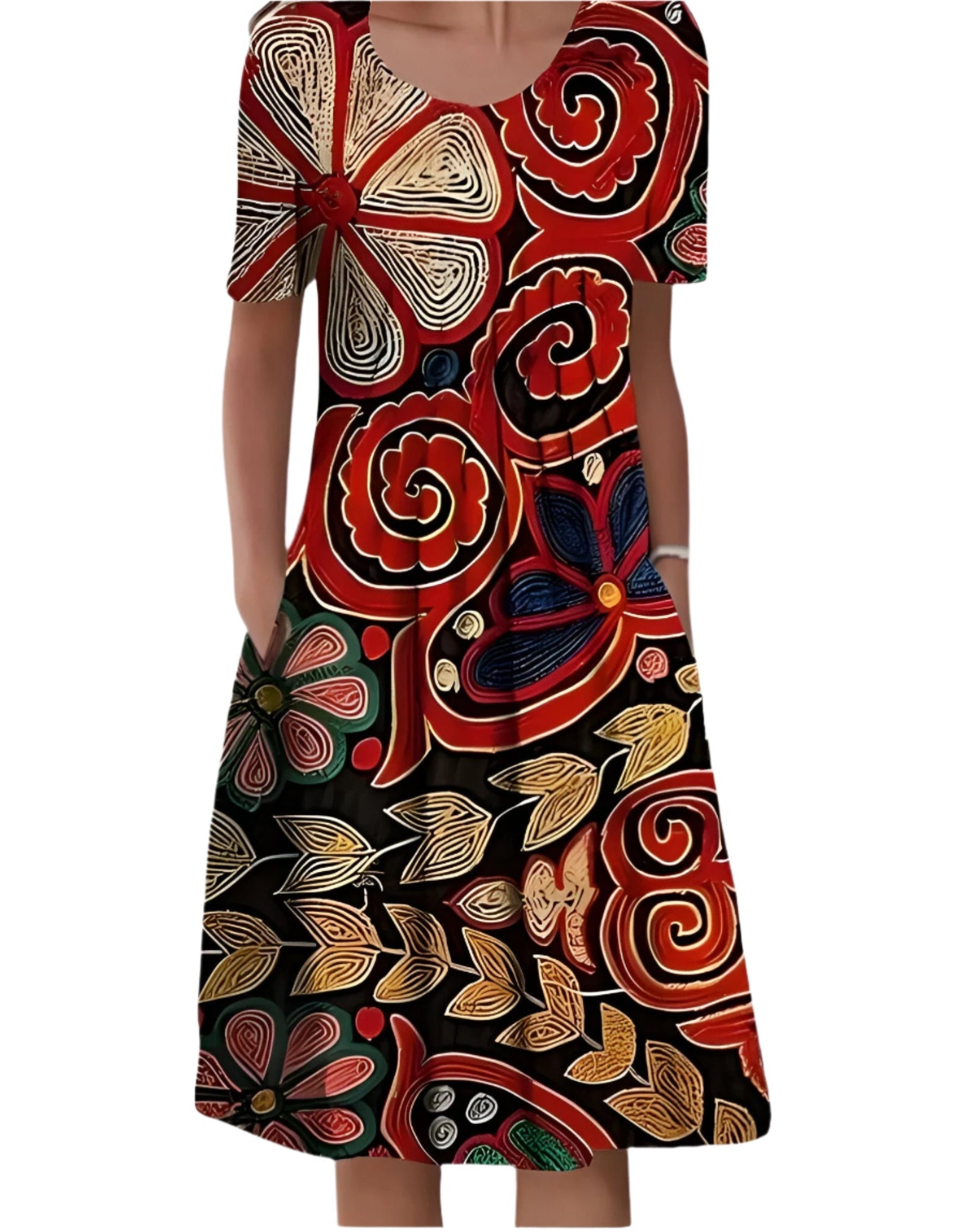 Margareth - Midi-Kleid für Frauen mit Blumen- und einfarbigen Mustern