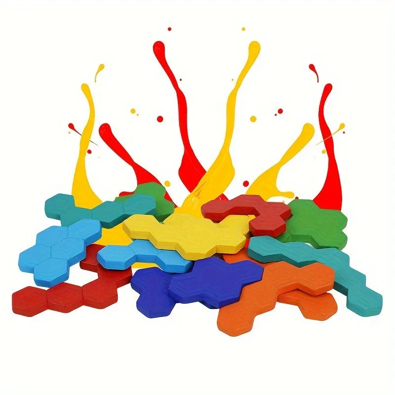 HexaFun 3D sechseckiges Holz-Puzzlespiel – Pädagogisches STEM-Spielzeug für Kinder