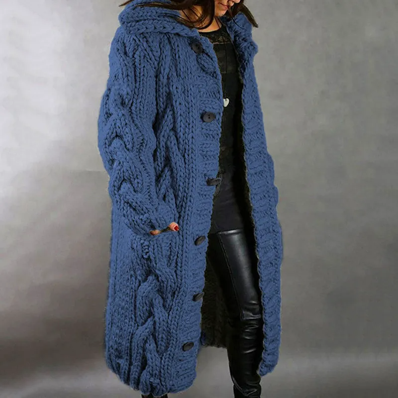 Ella - Lange gestrickte Strickjacke mit Knöpfen und Taschen