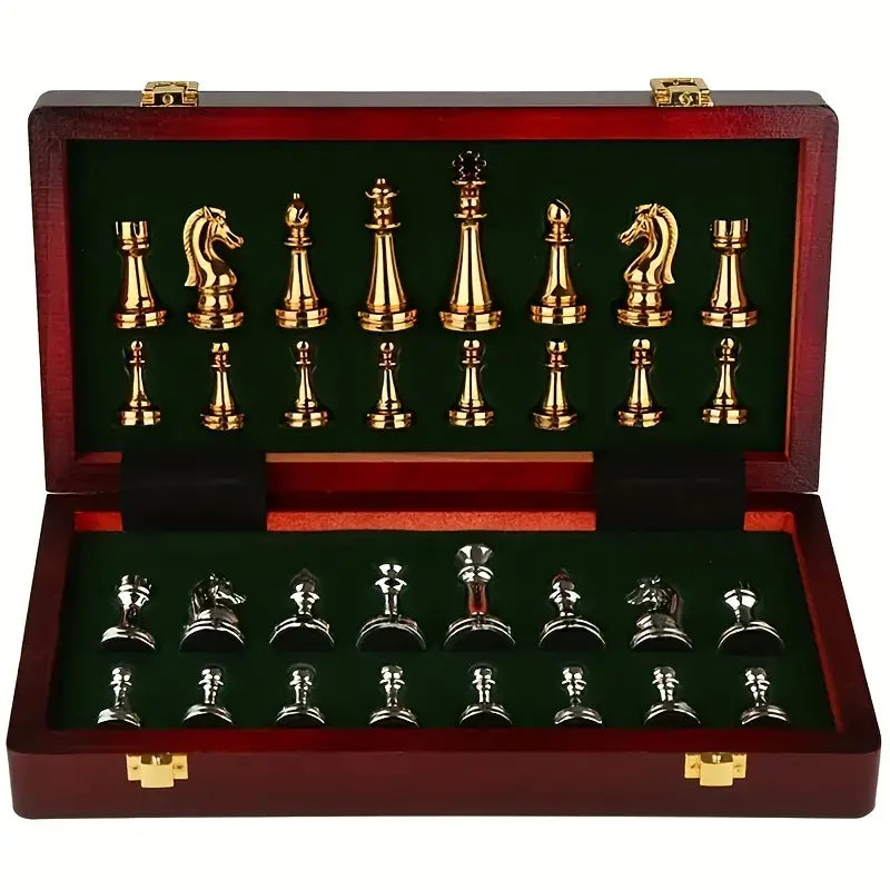 Regal Schachset – Exklusives zusammenklappbares Schachset aus Holz mit Metallfiguren