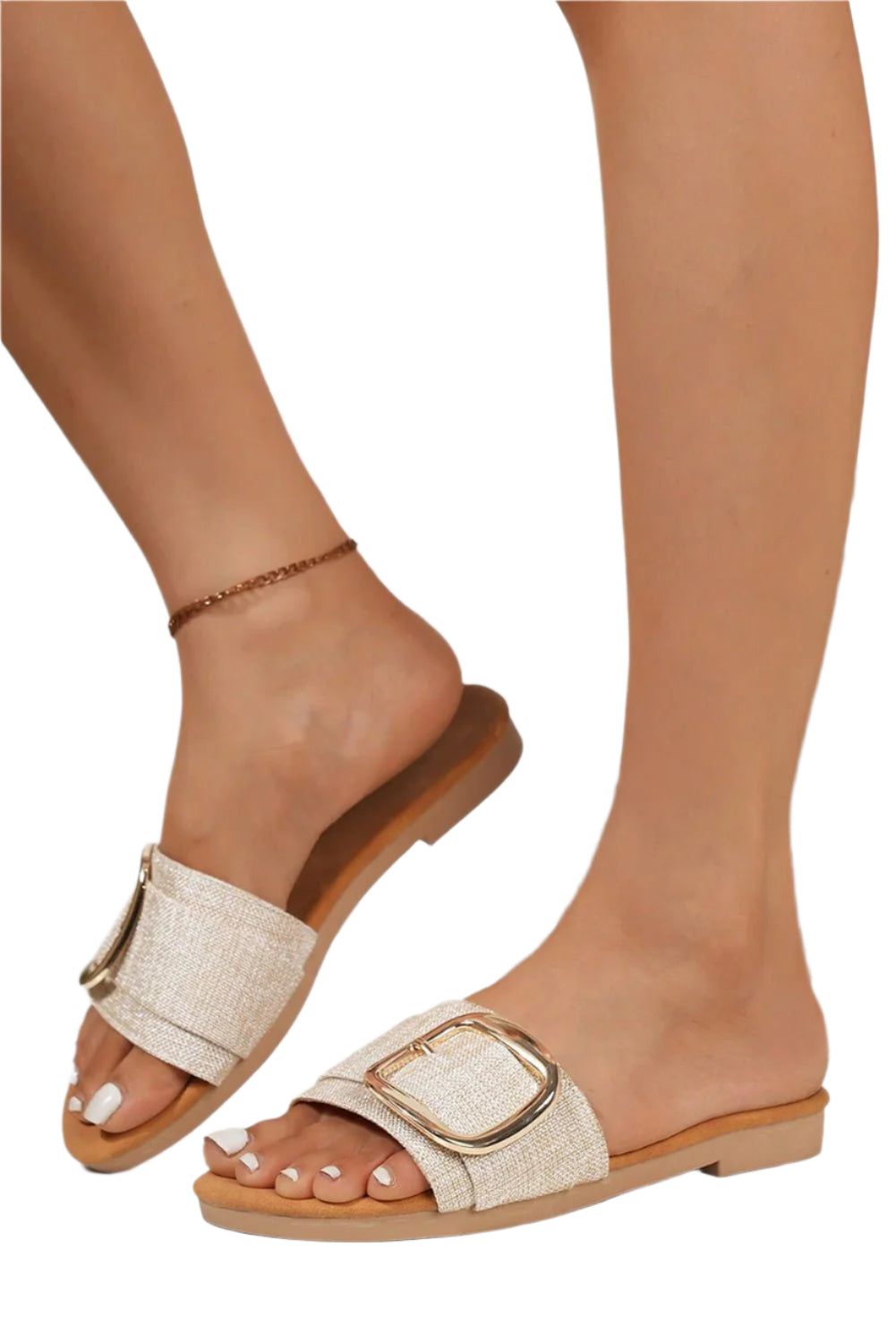 Velours Damen Beige Hausschuhe mit Einem Riemen und Metallakzent