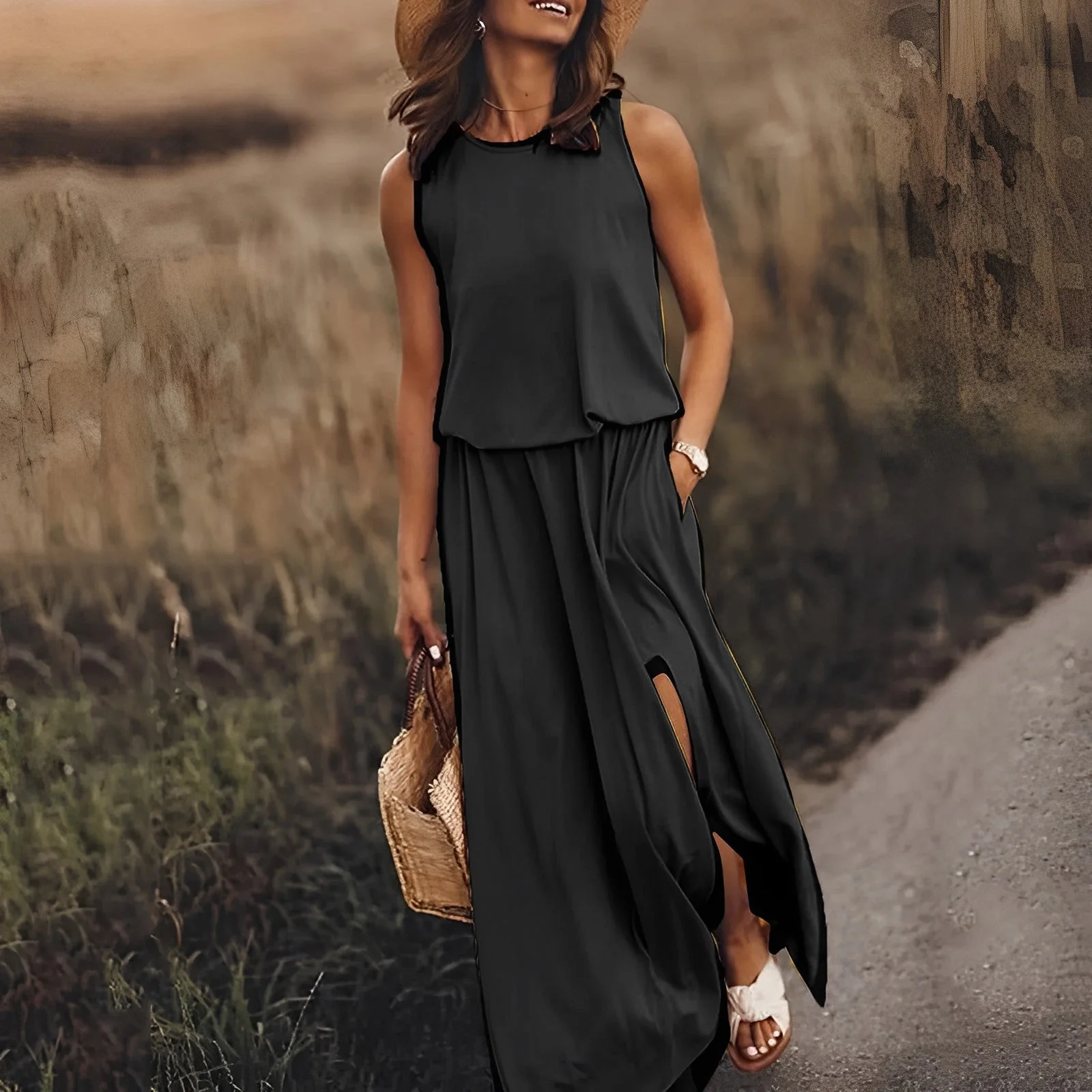 Monica - Unbeschwerte Eleganz Maxikleid ohne Ärmeln