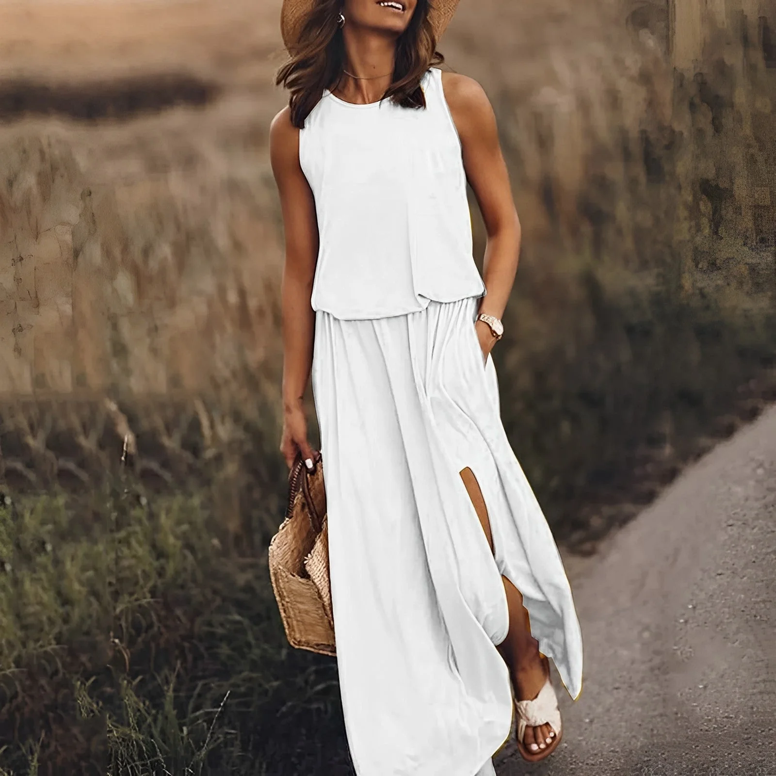 Monica - Unbeschwerte Eleganz Maxikleid ohne Ärmeln