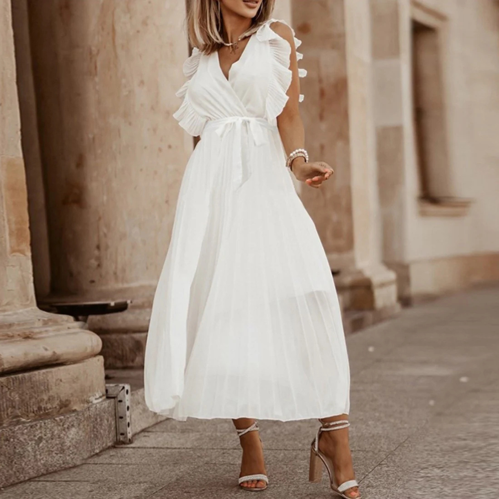 Basha - Elegantes weißes Rüschenshirt plissiertes Maxikleid