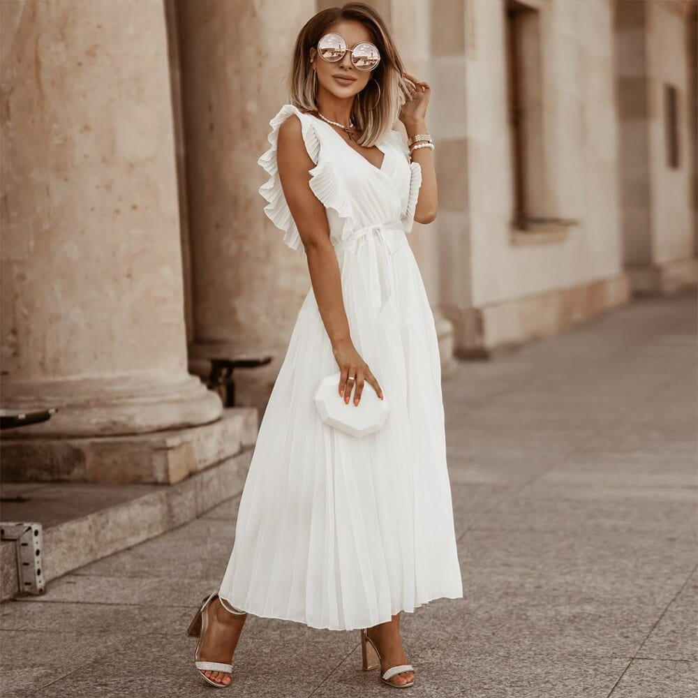 Basha - Elegantes weißes Rüschenshirt plissiertes Maxikleid