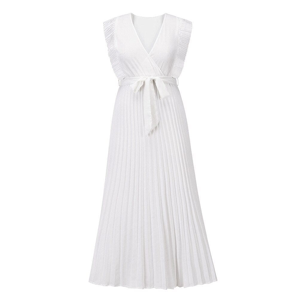 Basha - Elegantes weißes Rüschenshirt plissiertes Maxikleid