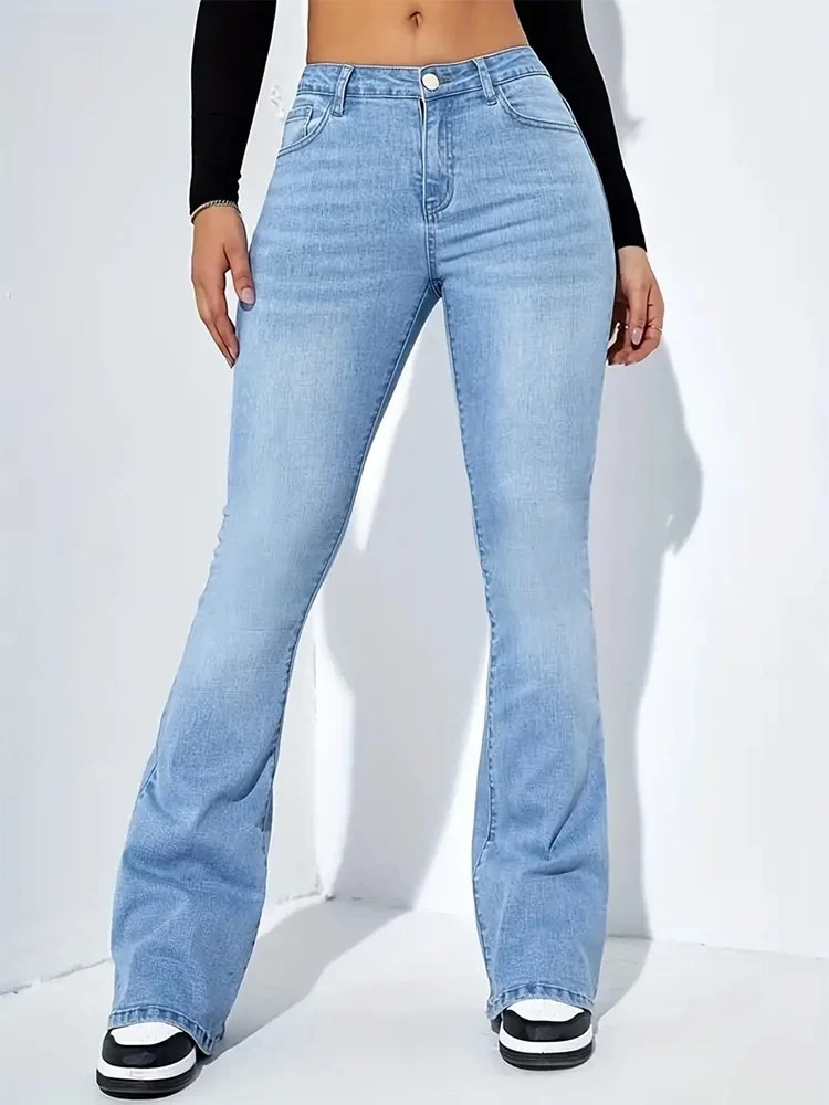 Sarah – Damen-Schlagjeans mit hohem Bund im Vintage-Stil aus Stretch-Denim