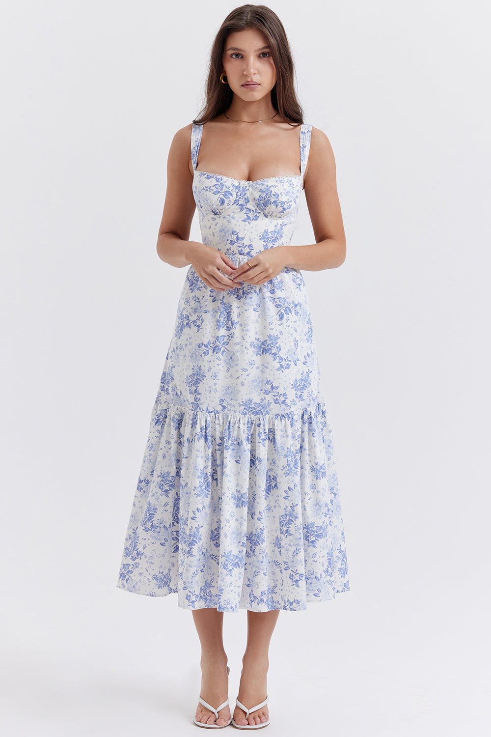 Nicole - Geblümter Schulterriemen Sweetheart Midikleid