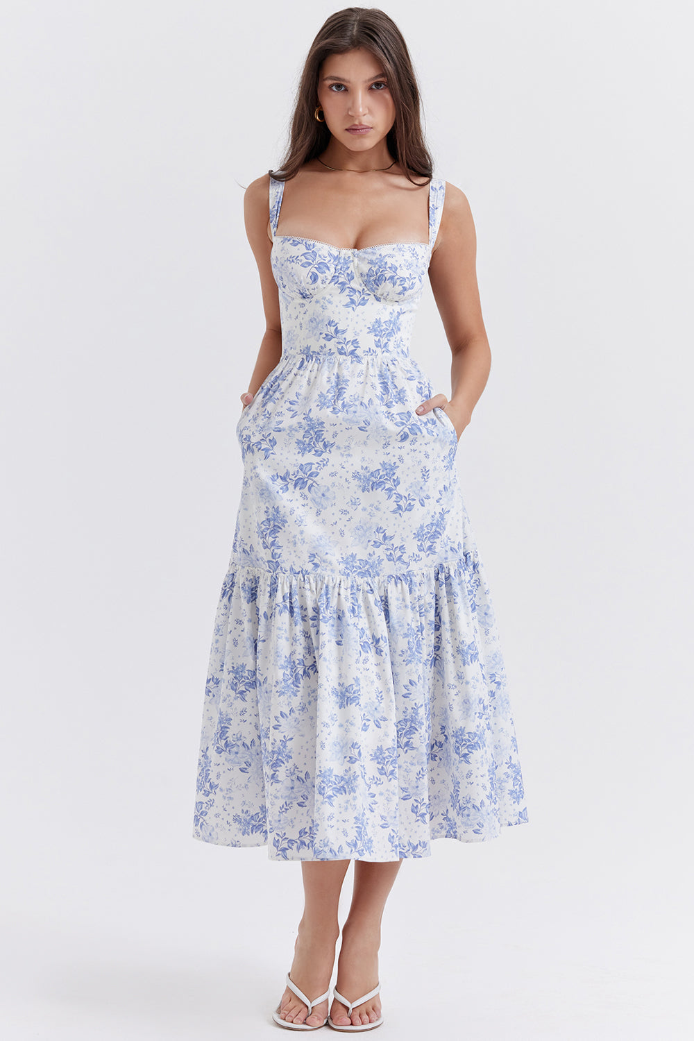 Nicole - Geblümter Schulterriemen Sweetheart Midikleid
