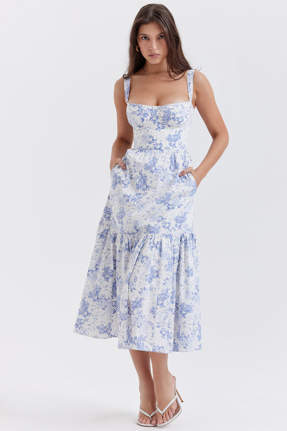 Nicole - Geblümter Schulterriemen Sweetheart Midikleid