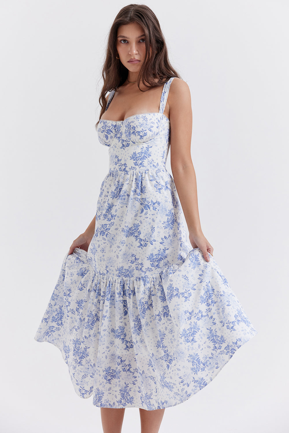Nicole - Geblümter Schulterriemen Sweetheart Midikleid