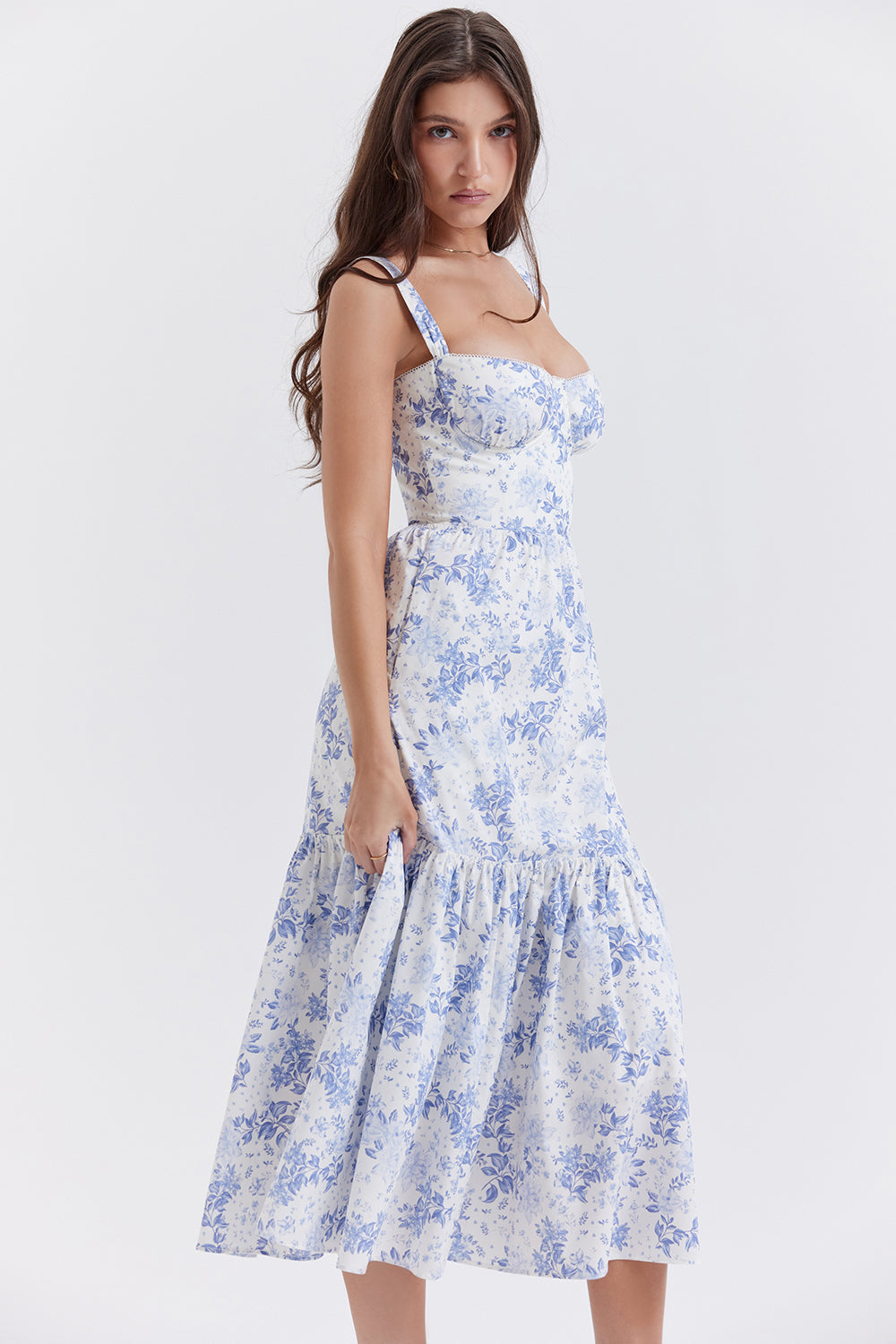 Nicole - Geblümter Schulterriemen Sweetheart Midikleid