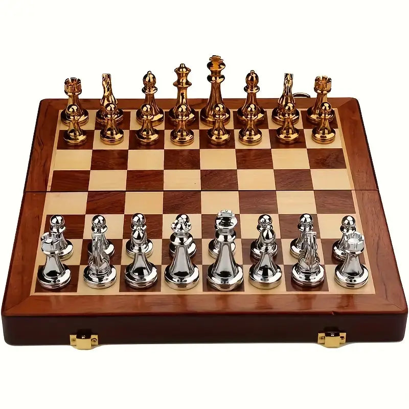 Regal Schachset – Exklusives zusammenklappbares Schachset aus Holz mit Metallfiguren