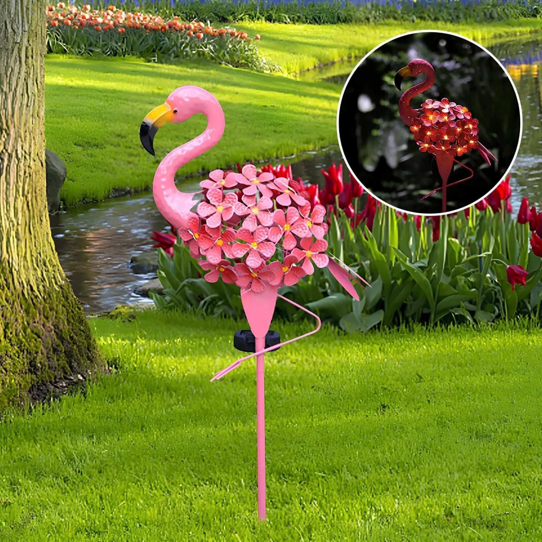 FlamiGlow – Solar Flamingo mit LED-Blumenstäbchen