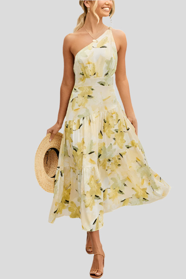 Maelle – Leuchtendes Blumendruck-Midikleid mit einem Schulterriemen für sonnige Anlässe
