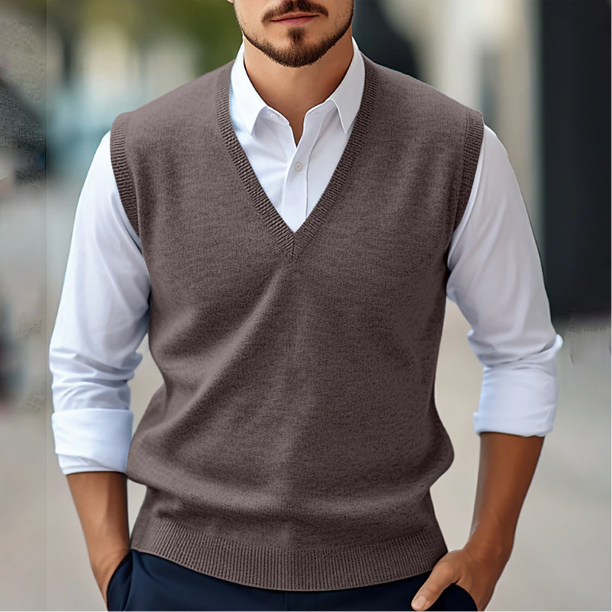 Chris - Klassische V-Ausschnitt-Weste und Langarmshirt für Männer