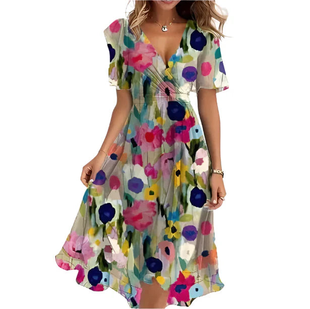 Mary - Miederlangen Blumenprint Portefeuillekleid mit V-Ausschnitt für Frauen