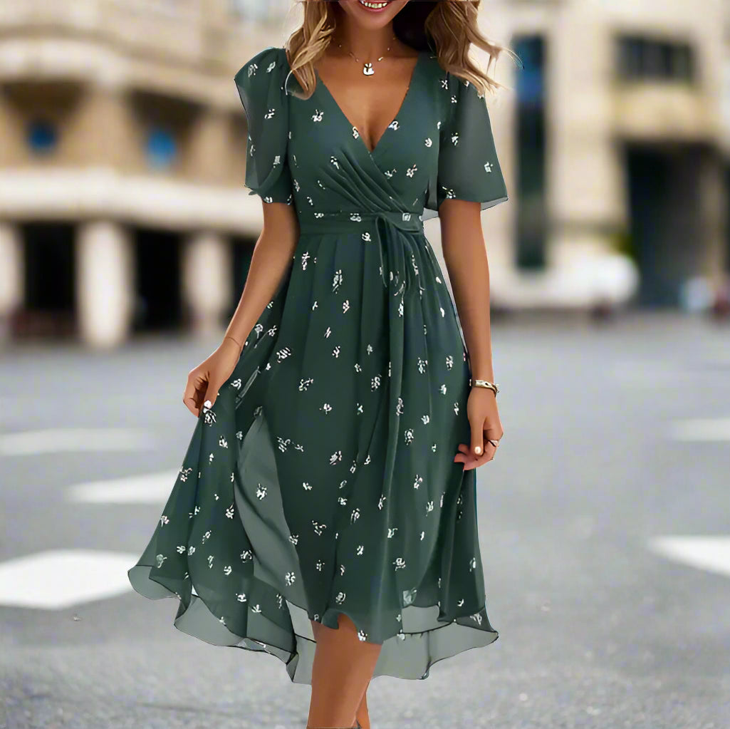 Mary - Miederlangen Blumenprint Portefeuillekleid mit V-Ausschnitt für Frauen