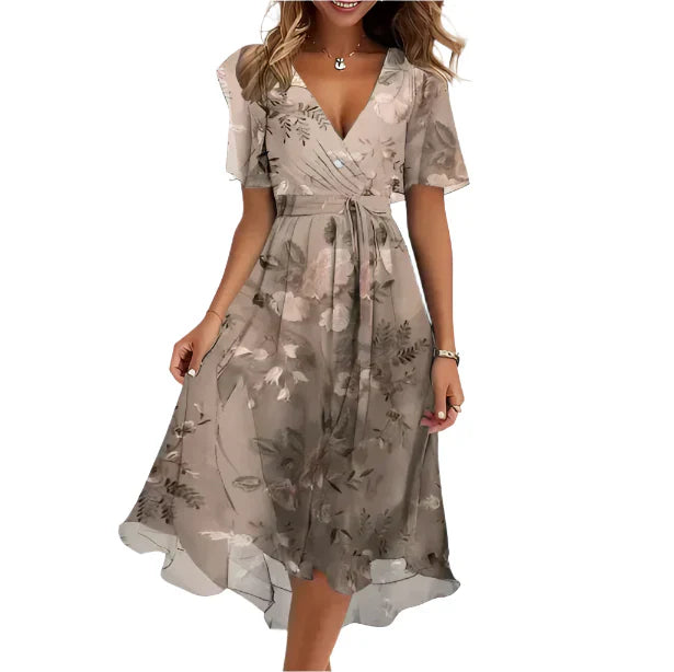 Mary - Miederlangen Blumenprint Portefeuillekleid mit V-Ausschnitt für Frauen