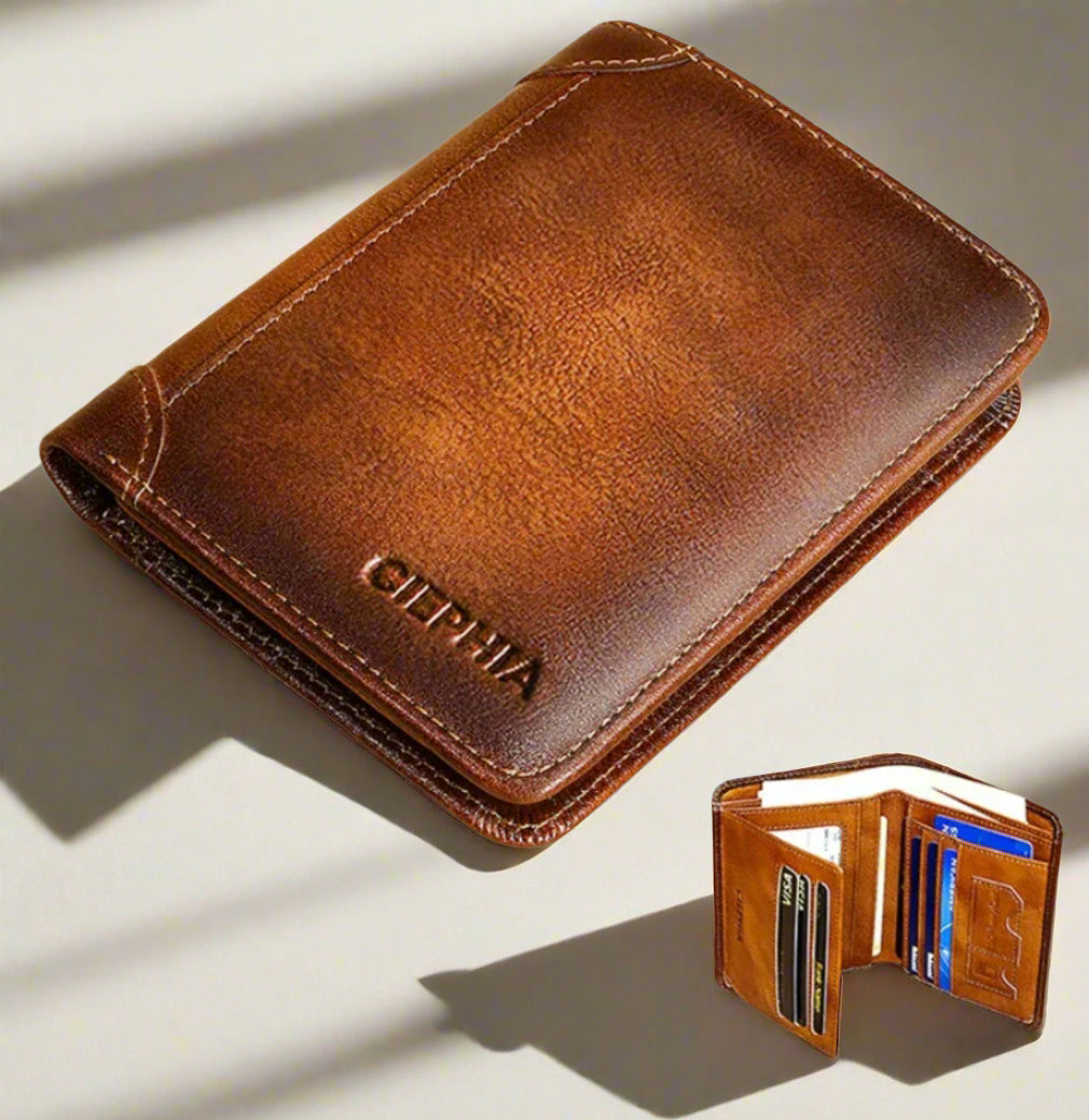 Vintage RFID Ledergeldbörse – Kurzes Bifold mit Ausweis- und Kartenhalter