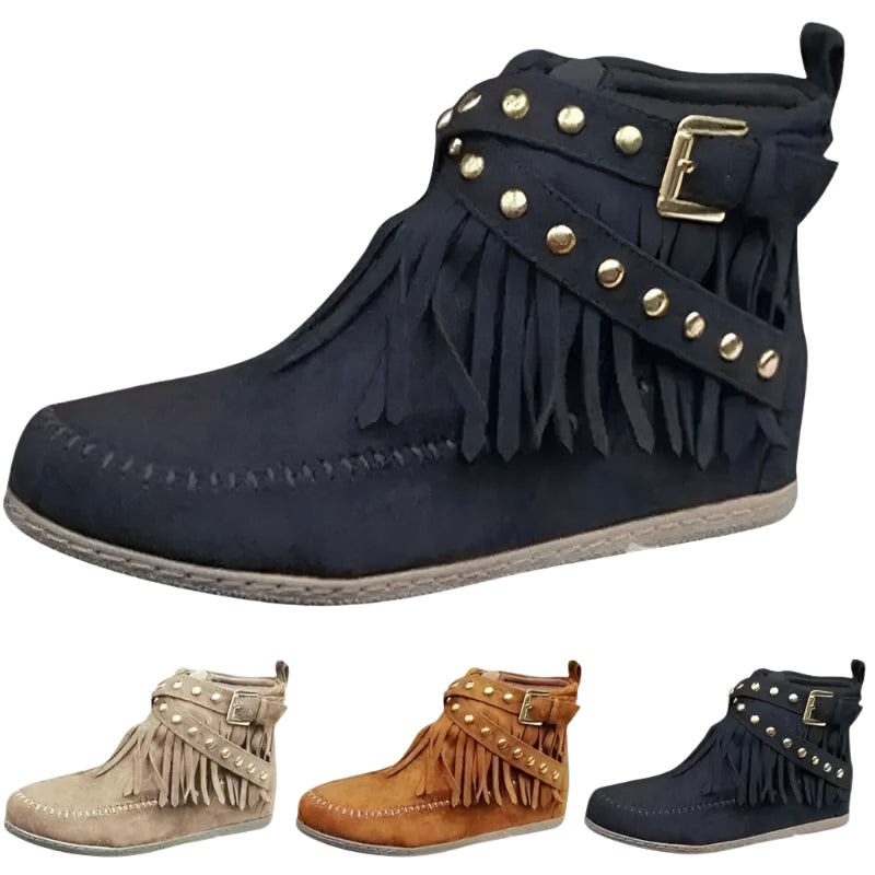 Mary - Boho-Chic Ankle Boots mit Fransen und Schnallenakzent