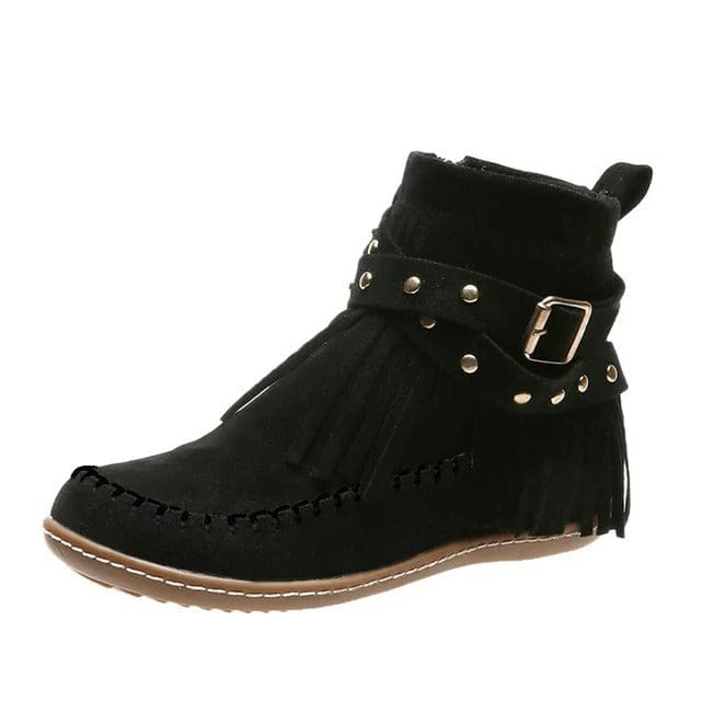 Mary - Boho-Chic Ankle Boots mit Fransen und Schnallenakzent