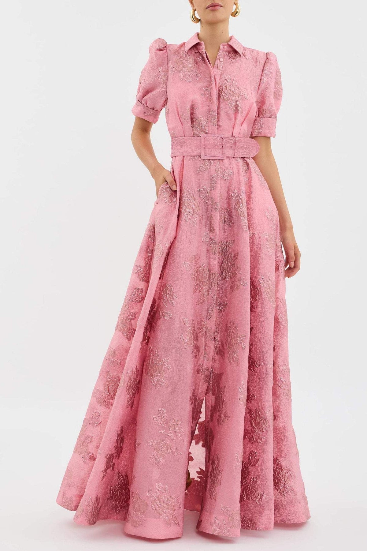 Lang Kleid mit Puffärmeln und Bindegürtel – Eleganter und Raffinierter Stil
