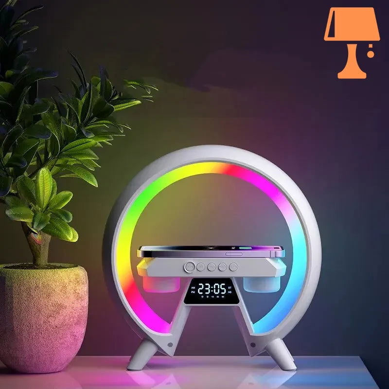 LumiNova Futuristische LED-Lampe – Kabelloses Laden & Digitale Uhr