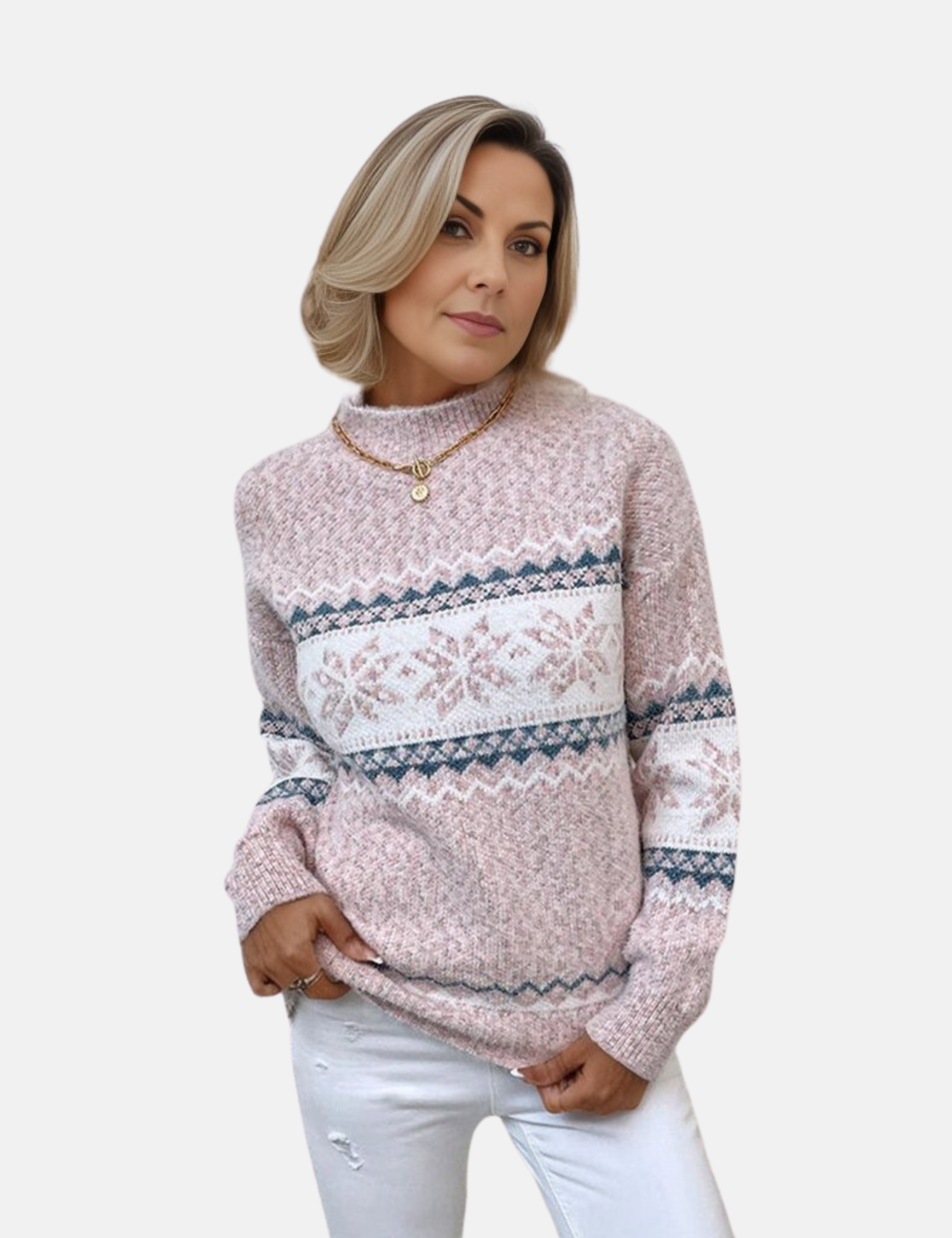 Mara Lässiger Rundhalsausschnitt Pullover mit Schneeflocken-Muster