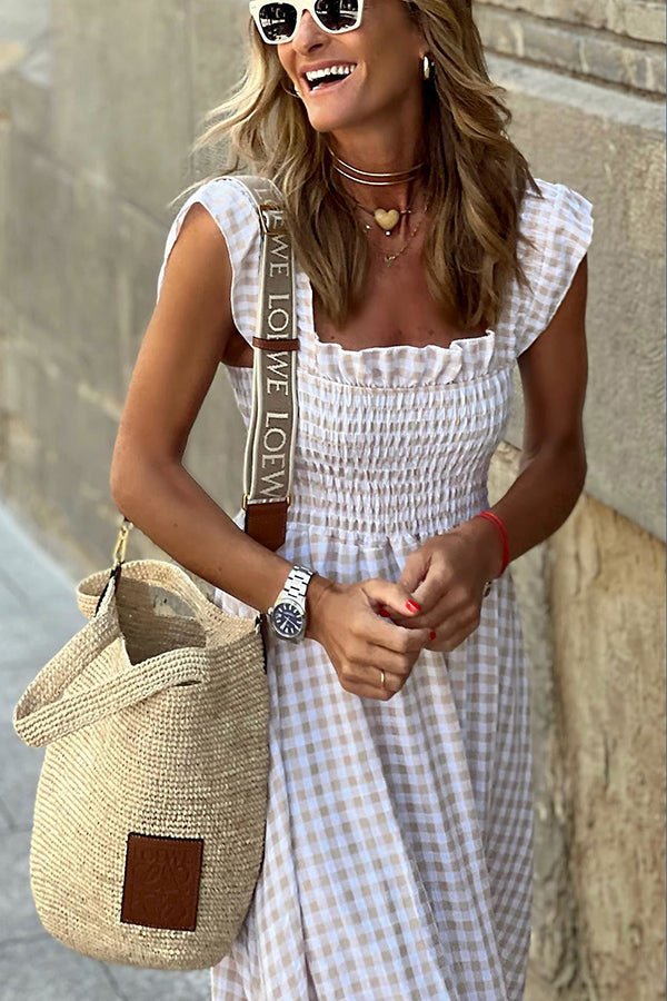 Amelia - Lange Smocketkleid mit Vichy-Karos