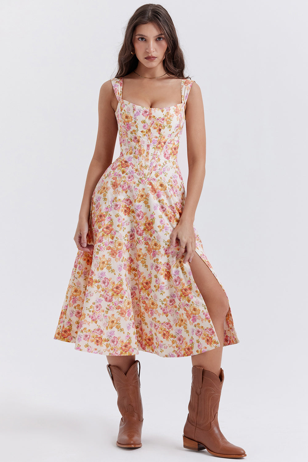 Nicole - Geblümter Schulterriemen Sweetheart Midikleid