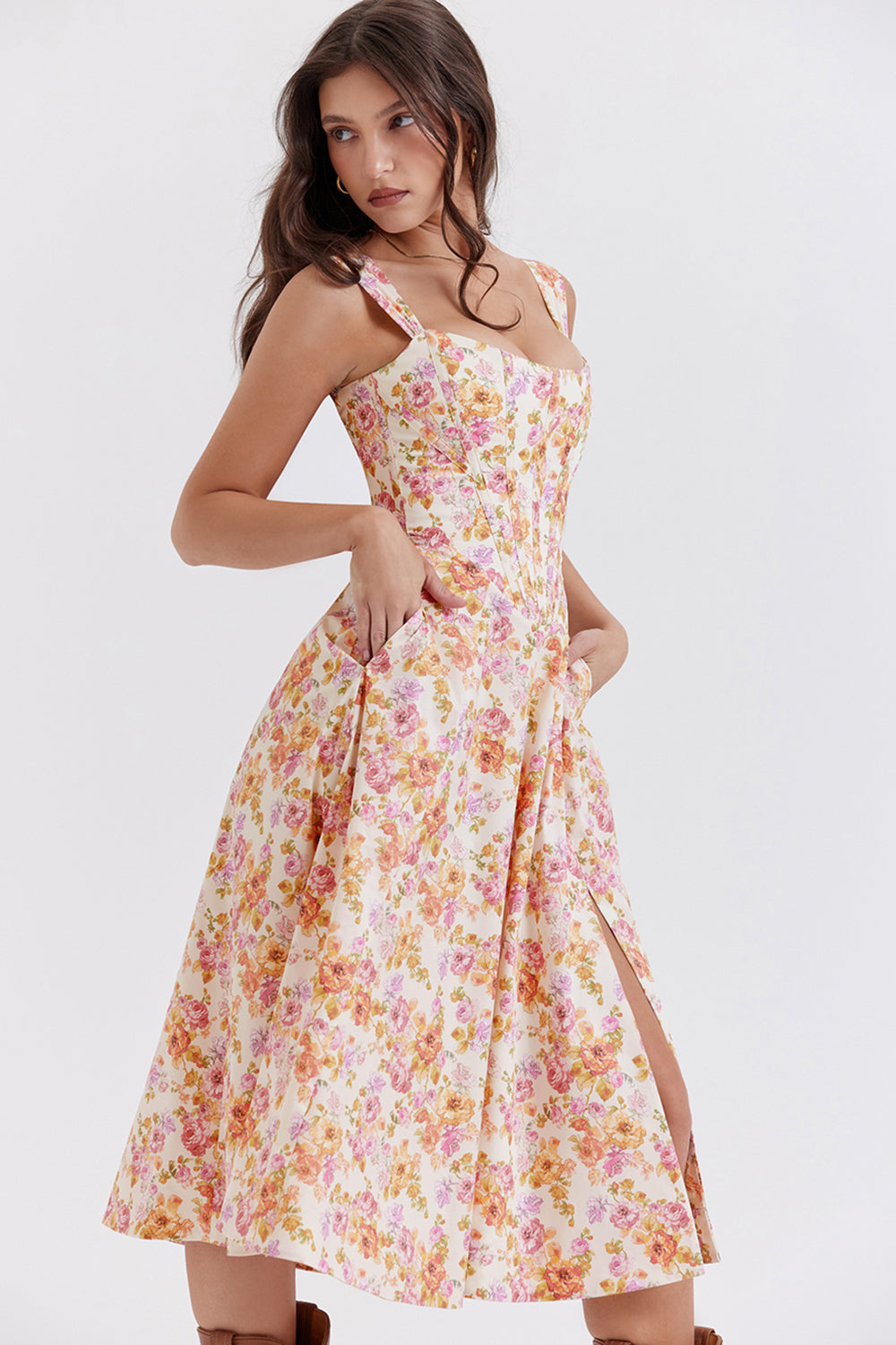 Nicole - Geblümter Schulterriemen Sweetheart Midikleid