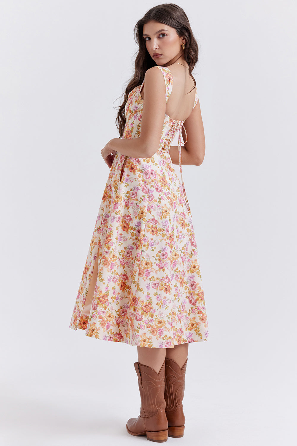 Nicole - Geblümter Schulterriemen Sweetheart Midikleid