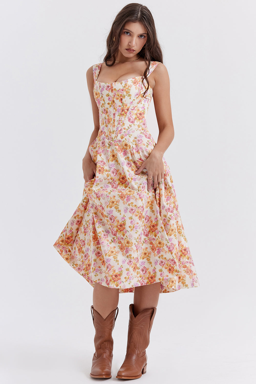 Nicole - Geblümter Schulterriemen Sweetheart Midikleid