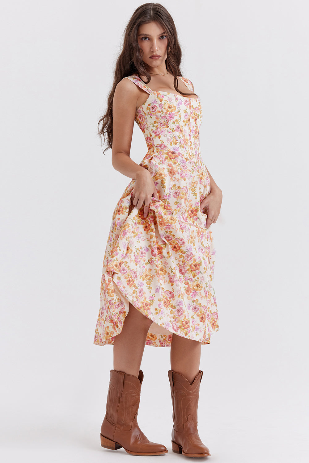 Nicole - Geblümter Schulterriemen Sweetheart Midikleid