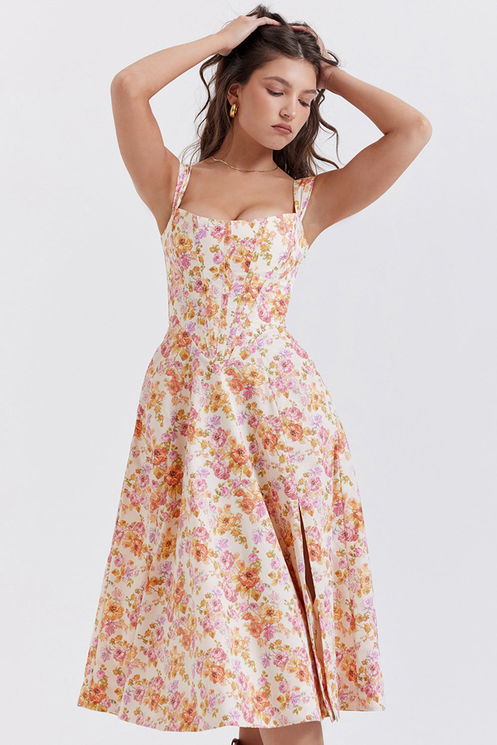 Nicole - Geblümter Schulterriemen Sweetheart Midikleid