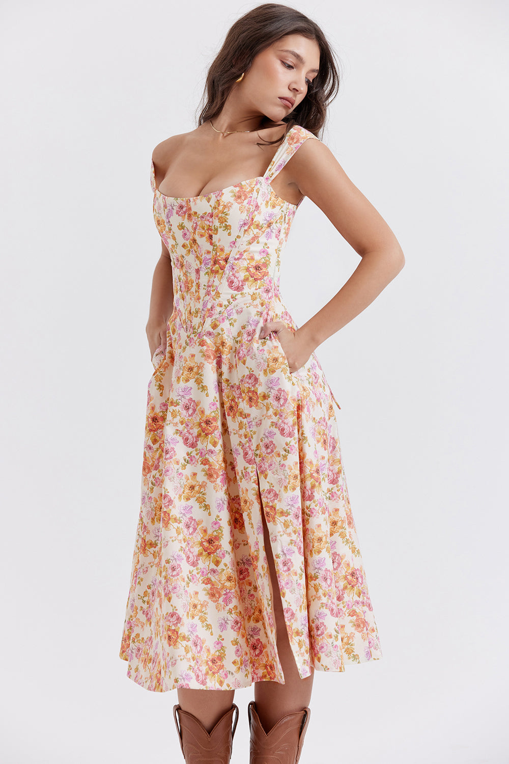Nicole - Geblümter Schulterriemen Sweetheart Midikleid