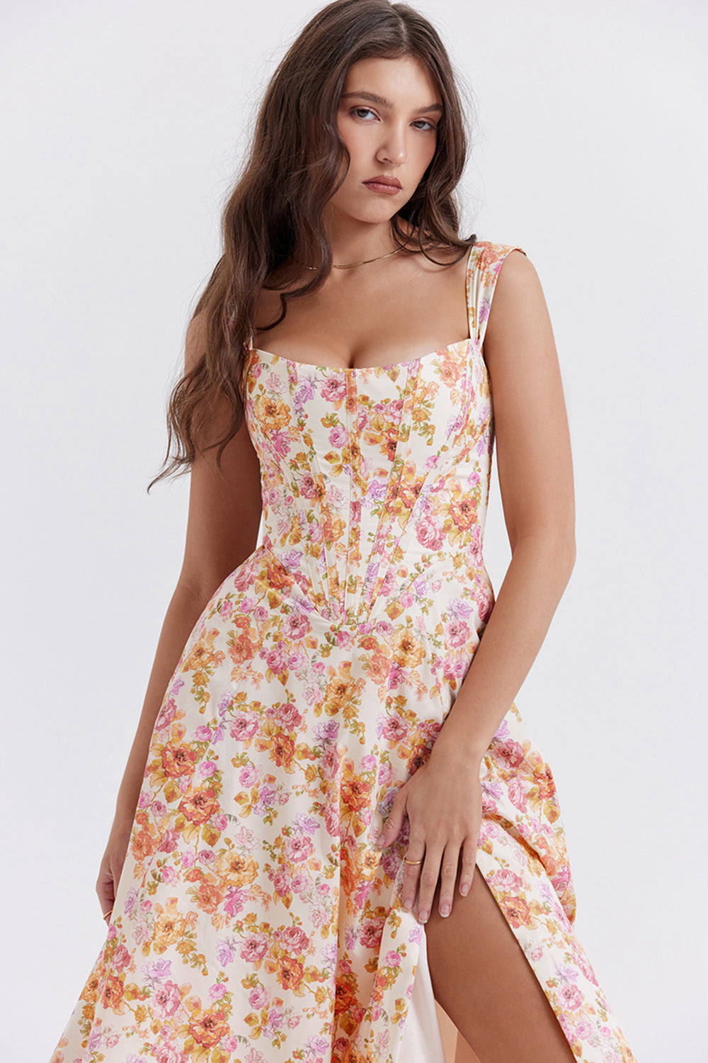 Nicole - Geblümter Schulterriemen Sweetheart Midikleid