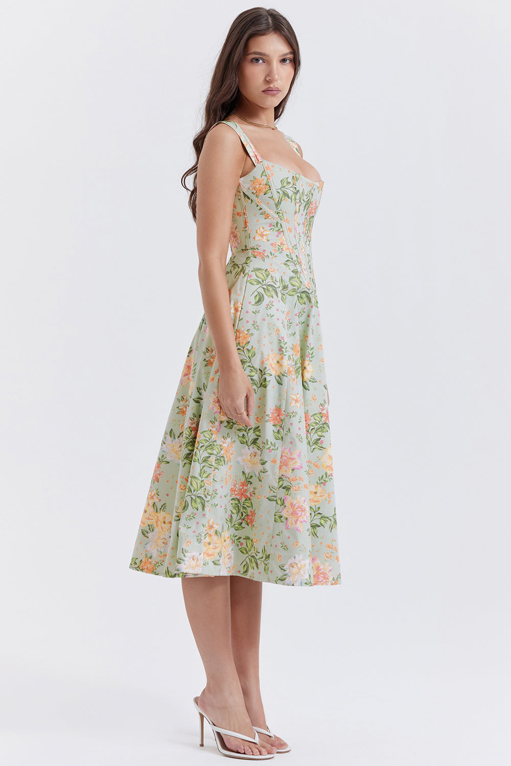 Nicole - Geblümter Schulterriemen Sweetheart Midikleid