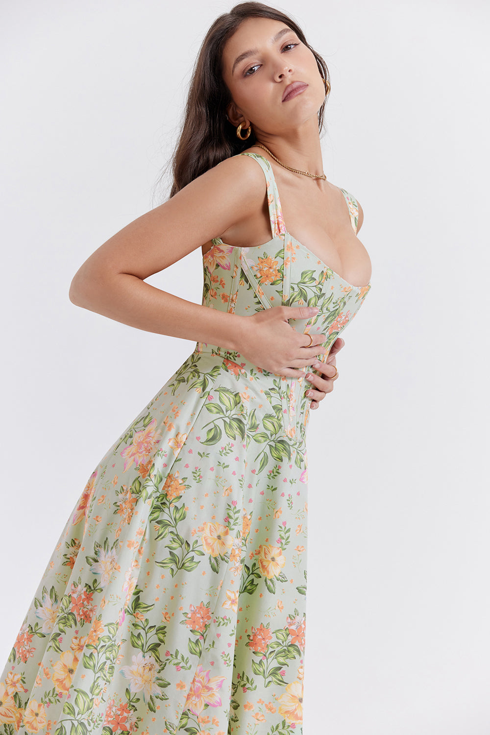 Nicole - Geblümter Schulterriemen Sweetheart Midikleid