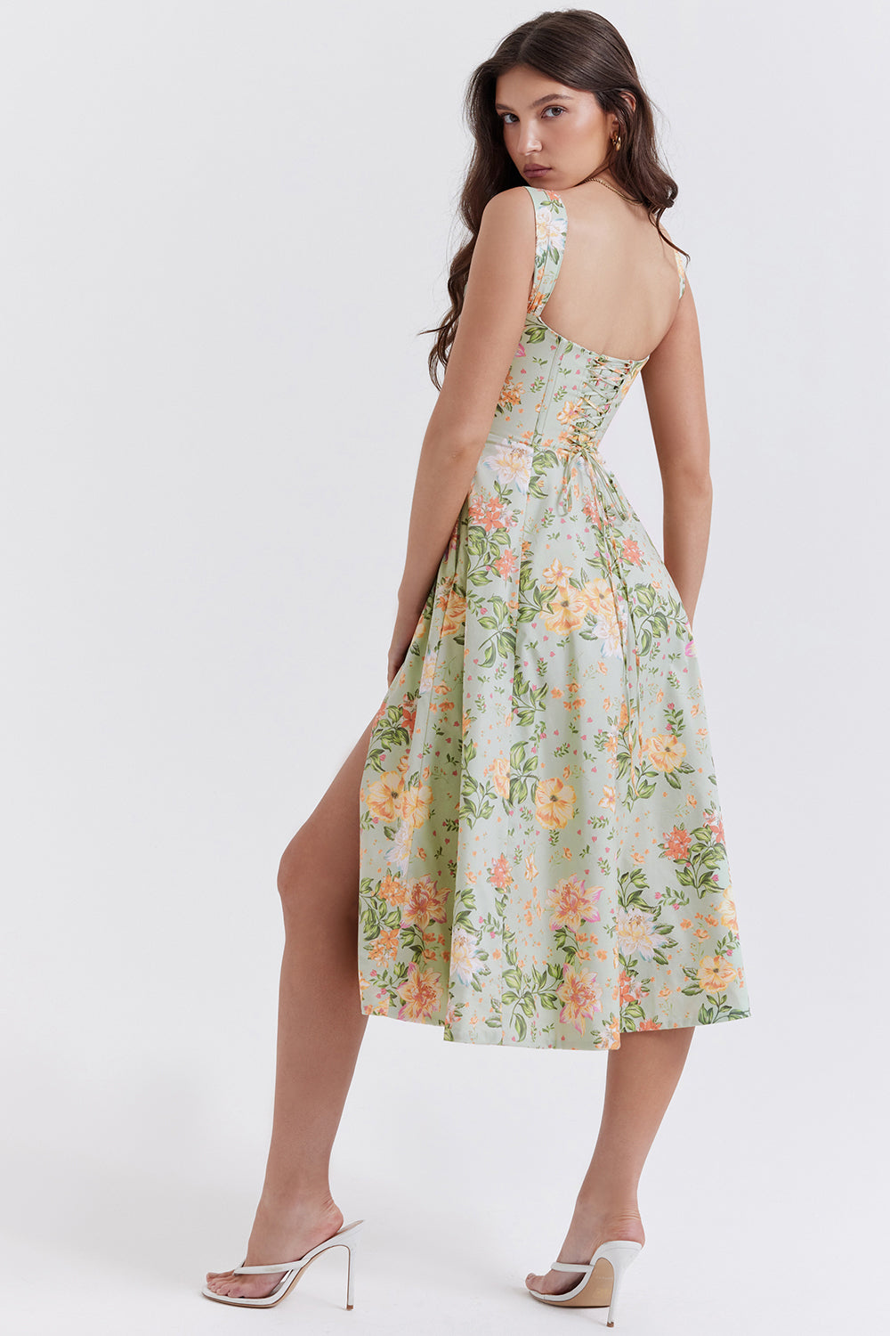 Nicole - Geblümter Schulterriemen Sweetheart Midikleid